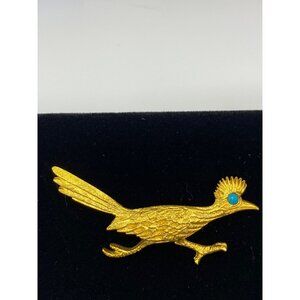 Vintage J Riller Gold-Tone Roadrunner Brooch With Turquoise Eye Accent J0261